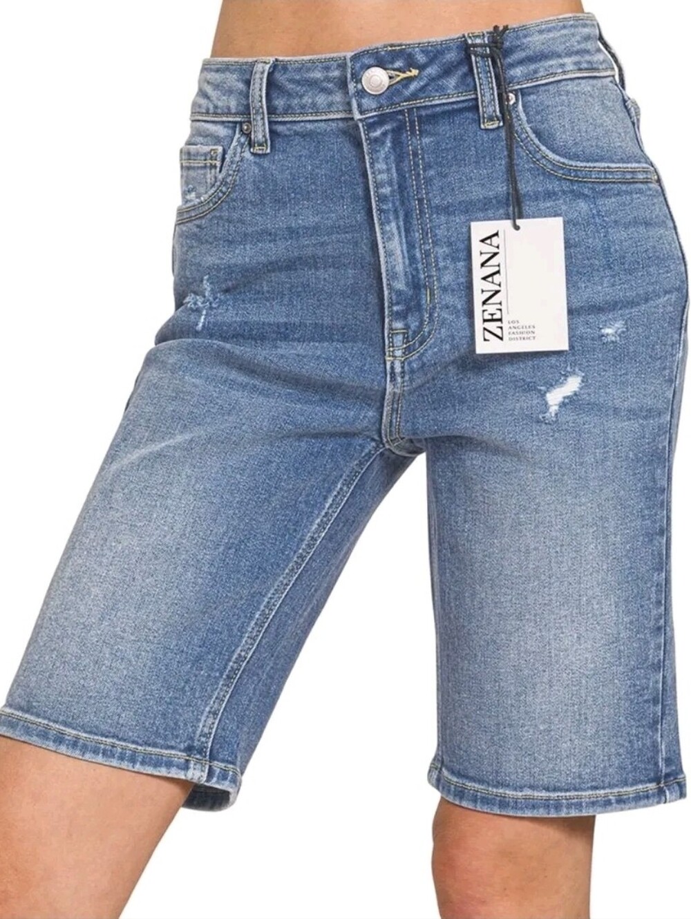 Zenana High-Rise Denim Distressed Bermuda Shorts - Picture 2 of 10